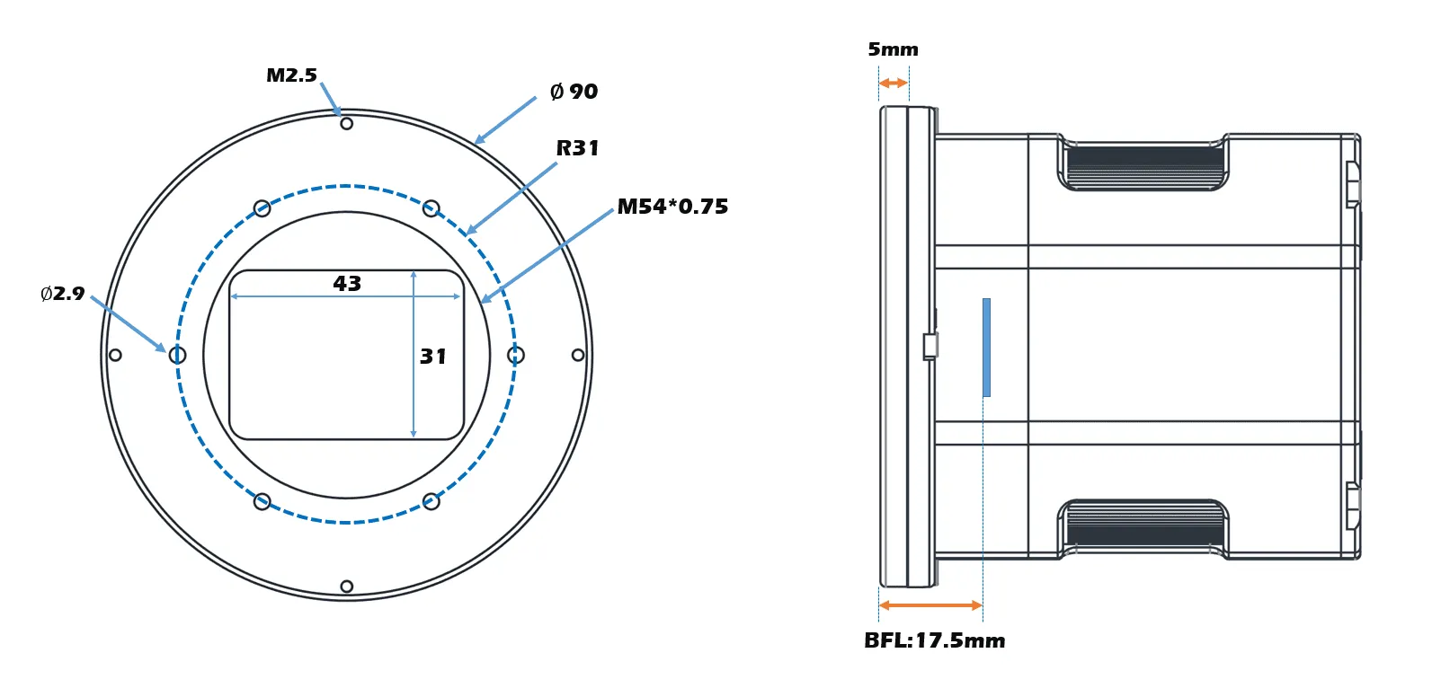 Dimensions, optical spacing and package